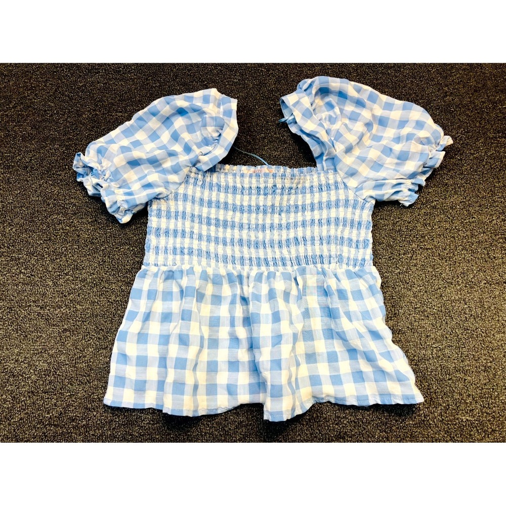 Dizzy Lizzy Smocked Peplum Crop Top Womens Small Blue Gingham Plaid Puff Sleeves